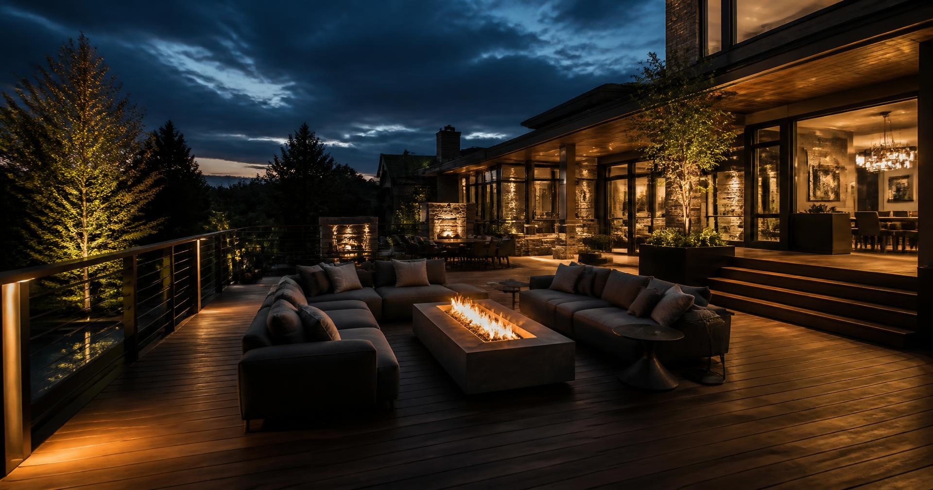 Large backyard deck with fire feature and warm lighting at dusk