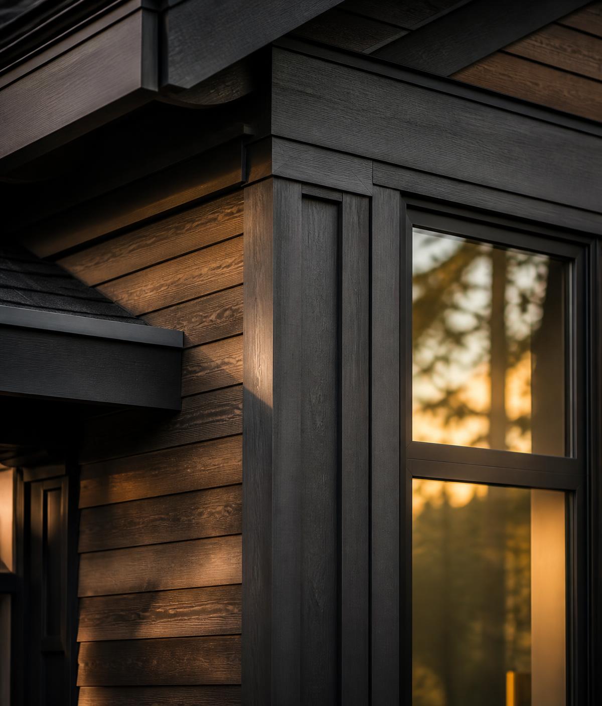 Close-up of precise exterior carpentry trim work on a dark modern home