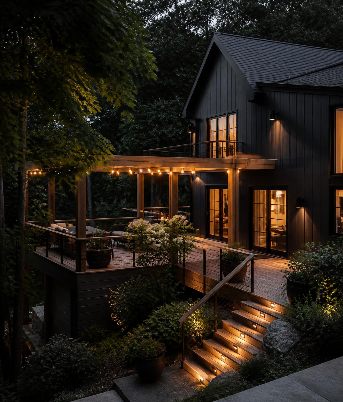 Multi-level wooden deck with pergola on a dark modern home at dusk